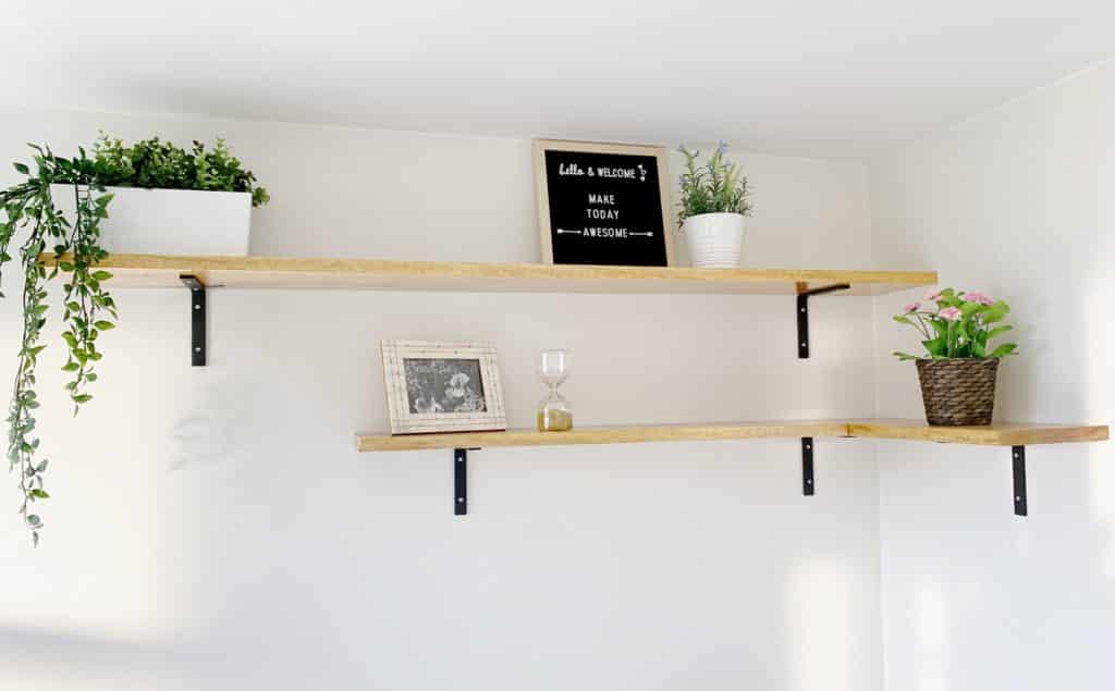 live edge wooden shelves styled with decor and plants