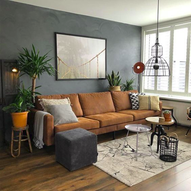 brown couch and rustic design