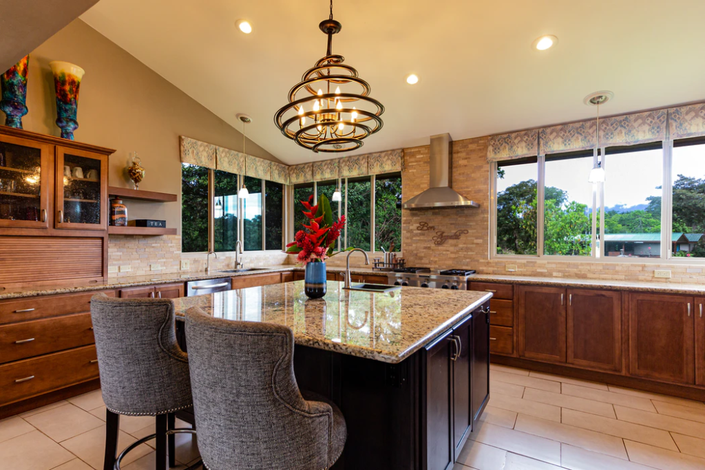 Kitchen island with chandelier 